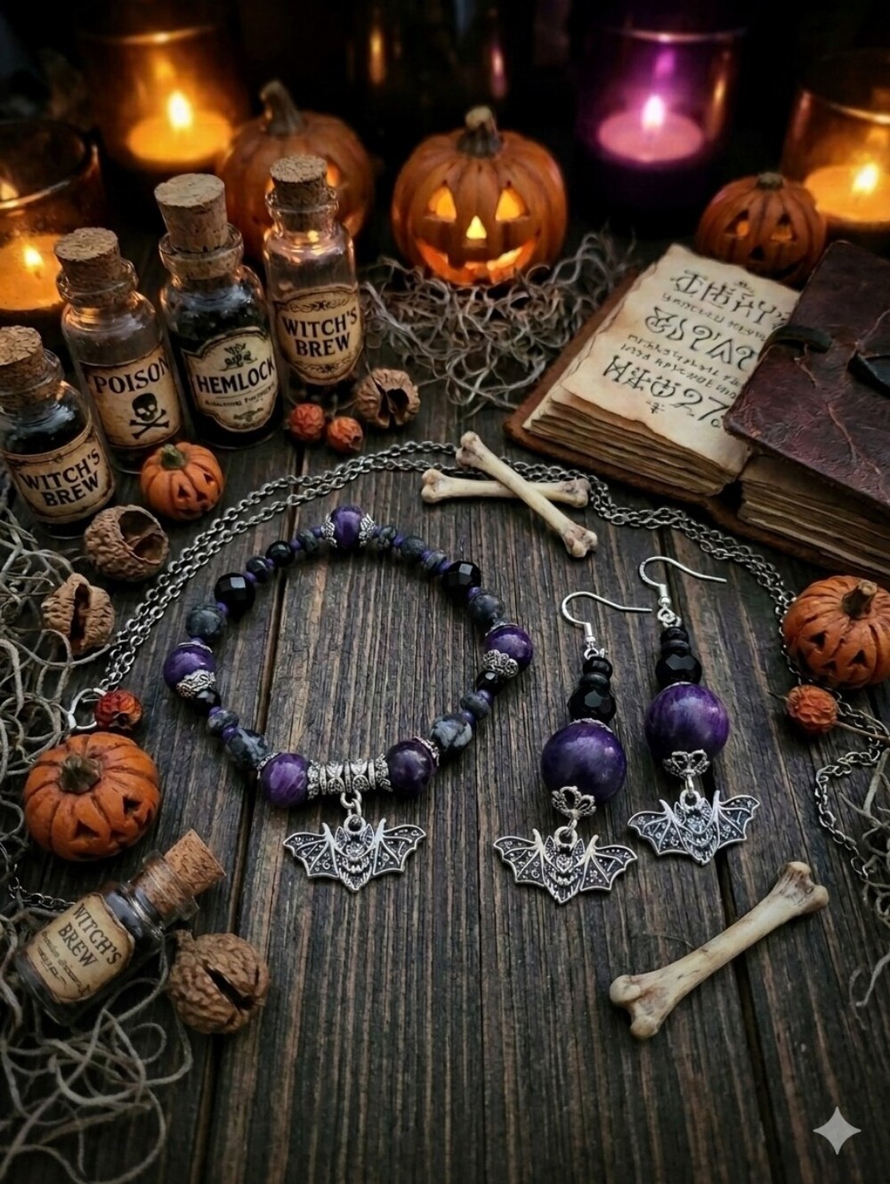 Handmade Purple Bead Bracelet and Earrings Set with Bat Charms